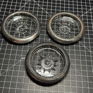 Vintage Leonard Silverplate Glass Coasters Set of 3 Italy Starburst Barware 4in